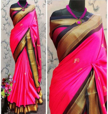 malegaon paithani Woven Banarasi Cotton Silk Saree(Black, Pink)