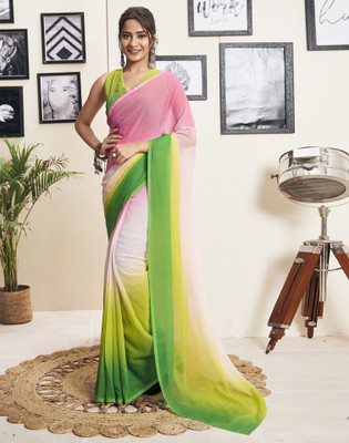 Satrani Dyed, Solid/Plain Bollywood Georgette Saree(Pink, Green)