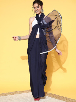 Anouk Rustic Solid/Plain Daily Wear Organza Saree(Dark Blue)