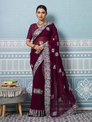 VIBHAGYAA Embellished, Embroidered Bollywood Georgette Saree(Purple)