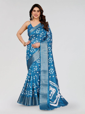 Moda Rapido Printed Bandhani Cotton Blend Saree(Light Blue)