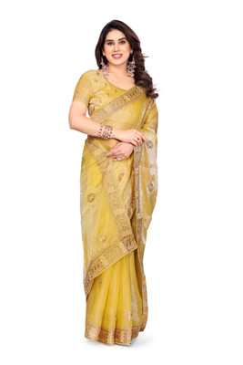 Mikhushop Embroidered Bollywood Jimmy choo Saree(Yellow)