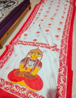 Priyongboda Printed Jamdani Handloom Cotton Blend Saree(White, Red)