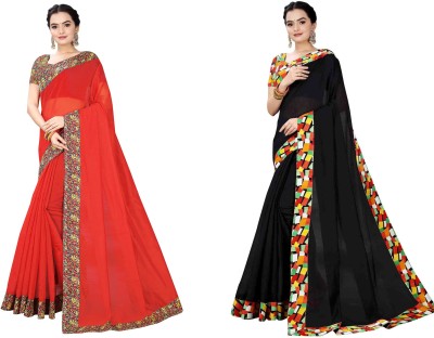 manish Solid/Plain Chanderi Cotton Blend Saree(Pack of 2, Red, Black)