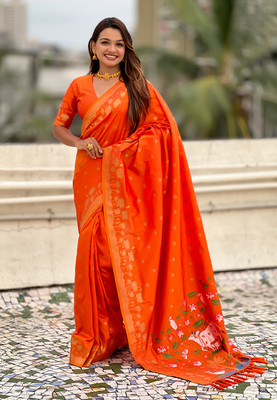 ROOP LAVANYA Woven Paithani Jacquard, Pure Silk Saree(Orange)