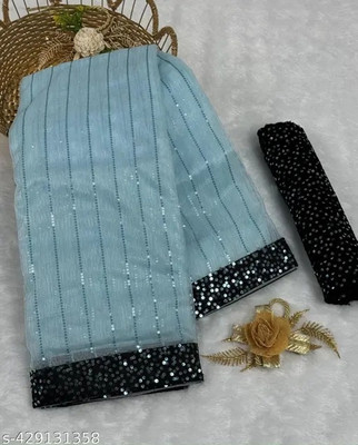 VKARAN Embroidered Bollywood Net Saree(Blue)
