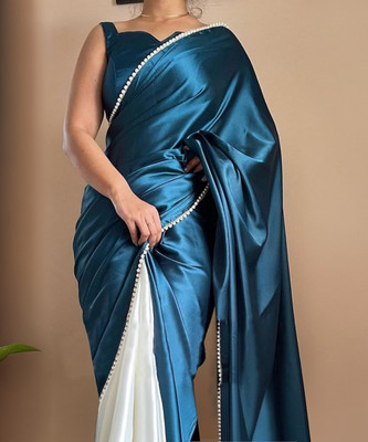 PD CLOTH VILLA Embellished, Solid/Plain Bollywood Satin Saree(Light Blue)
