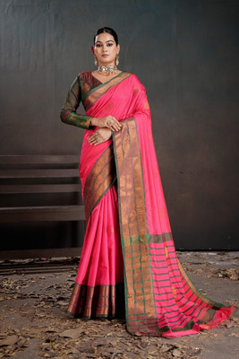 PEENGAX Woven Handloom Silk Blend Saree(Pink)