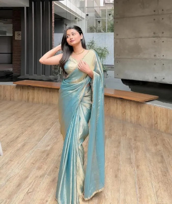 HouseOfCommon Solid/Plain Saree with Attached Blouse Chiffon Saree(Blue)