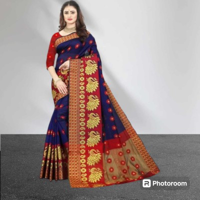 prasad fab Self Design Assam Silk Jacquard Saree(Blue)