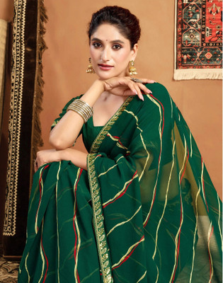 Satrani Striped, Printed Leheria Lace, Georgette Saree(Green)