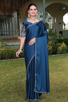 KONICA FAB Embroidered Kalamkari Pure Silk Saree(Blue)