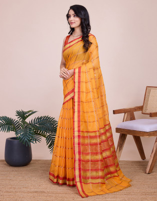 Samah Woven, Embellished, Striped Kota Doria Silk Blend Saree(Yellow, Maroon, Gold)