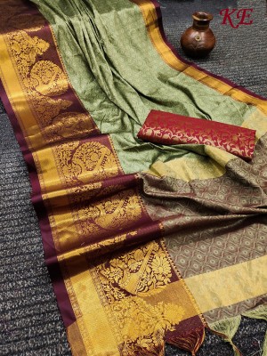 Dhami Woven Banarasi Cotton Silk, Art Silk Saree(Light Green, Maroon)