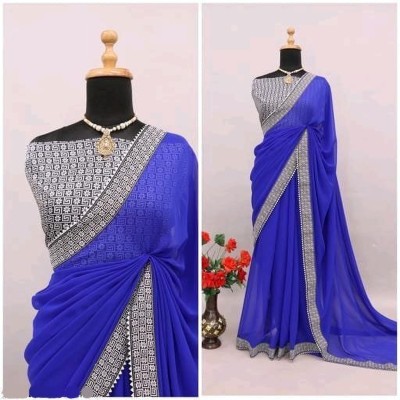 OKTAT Solid/Plain Bollywood Georgette Saree(Blue)