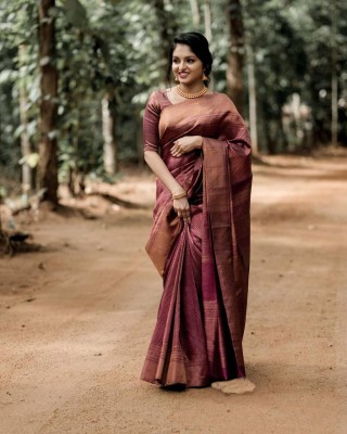 Anjaneya Sarees Self Design Kanjivaram Silk Blend Saree(Maroon)