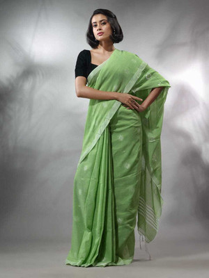 GHOSH TEXTILE Self Design Handloom Pure Cotton Saree(Green)