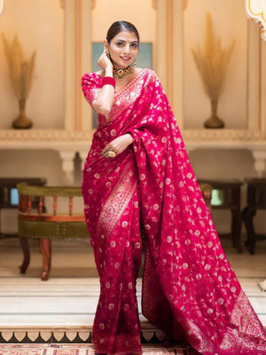 MUKHITA Printed Kanjivaram Silk Blend Saree(Pink)