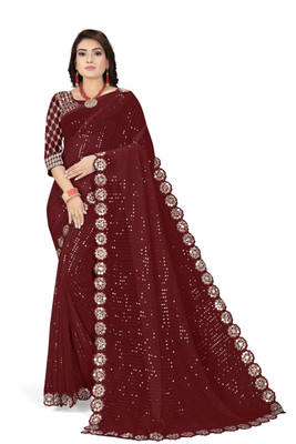 VIVAI CREATION Embroidered Bhagalpuri Georgette Saree(Maroon)