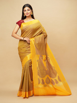 Manvish Drapes Woven Banarasi Cotton Blend Saree(Yellow)