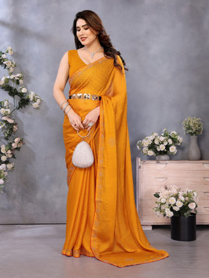 Sareeve Embellished, Solid/Plain Bollywood Chiffon, Georgette Saree(Yellow)