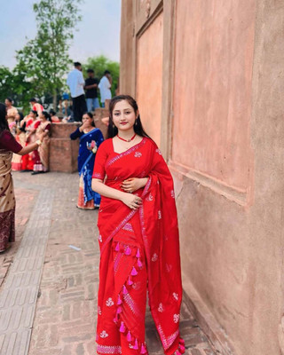 VRAJ CREATION Woven Mekhela Chador Pure Cotton Saree(Red)