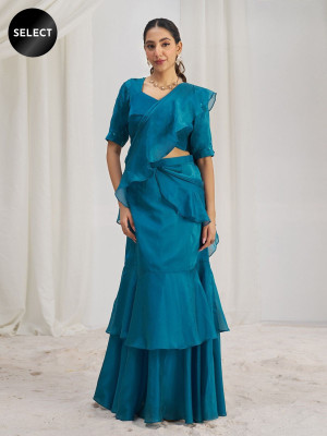 odette Solid/Plain Pre Draped Saree Organza Saree(Blue)