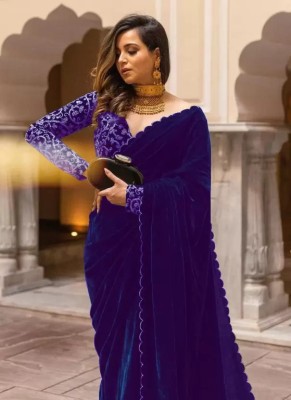 NJ FASHION Self Design, Embroidered, Solid/Plain, Dyed, Printed Bollywood Velvet Saree(Purple)