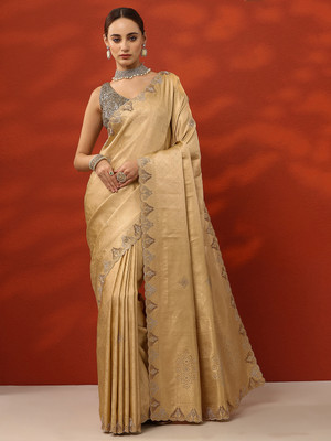 LIBAS Woven Daily Wear Silk Blend Saree(Beige)