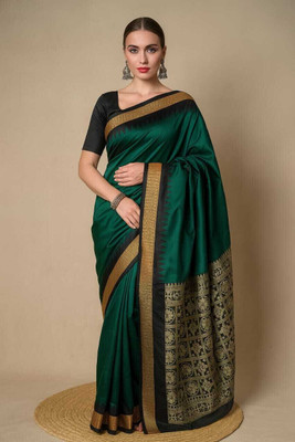 Afronza Temple Border, Solid/Plain, Embellished Sambalpuri Cotton Blend, Pure Silk Saree(Green, Black)