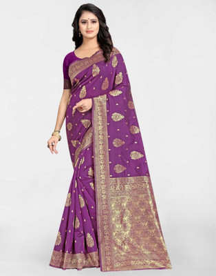 Samah Woven, Embellished, Self Design Banarasi Silk Blend, Jacquard Saree(Purple, Gold)