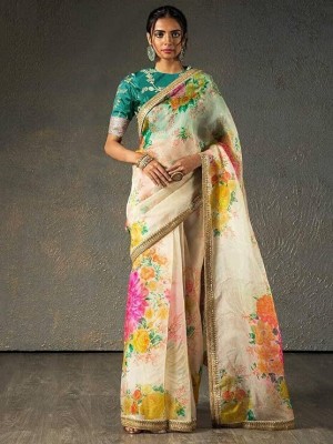 Tasrika Floral Print, Embroidered Bollywood Organza Saree(Cream)