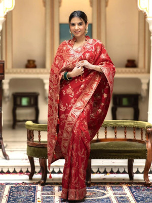 SNH EXPORT Floral Print Banarasi Jacquard Saree(Red)