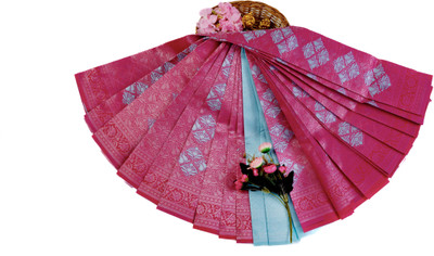 ITHAZHYAZ Floral Print Banarasi Pure Silk Saree(Blue, Pink)