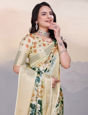 pari creation Printed Banarasi Georgette Saree(Cream)