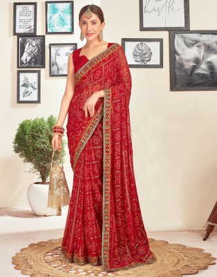 Samah Printed, Embellished, Embroidered Bandhani Georgette Saree(Red, Multicolor)