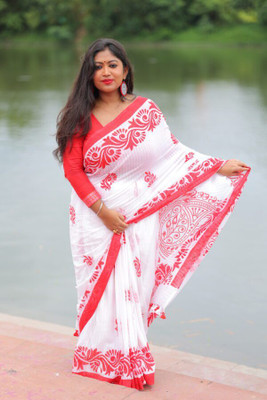 Happy Creation Woven Jamdani Cotton Blend Saree(White, Red)