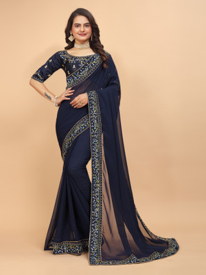Tejal Creation Self Design Bollywood Georgette Saree(Blue)