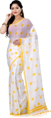 Desh Bidesh Polka Print, Solid/Plain, Self Design, Woven Bollywood Handloom Cotton Blend, Pure Cotton Saree(White, Yellow)