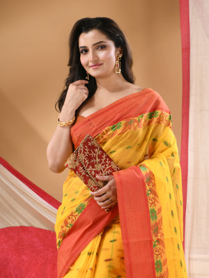Desh Bidesh Striped, Solid/Plain, Self Design, Woven Handloom Handloom Cotton Blend, Pure Cotton Saree(Yellow)