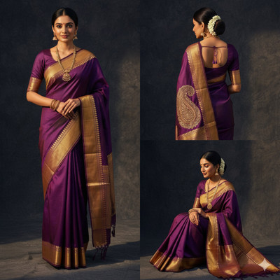 Le Glares Woven Banarasi Handloom Silk Blend Saree(Yellow)