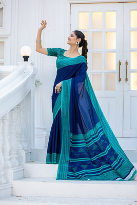VIBHAGYAA Printed Daily Wear Crepe Saree(Blue)