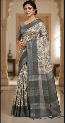 RIDDHI Floral Print Daily Wear Cotton Linen Saree(Grey)