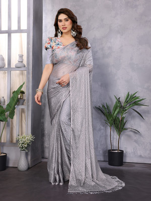 TTH Self Design Bollywood Net Saree(Grey)