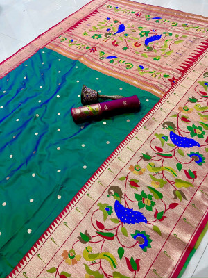 HouseOfCommon Woven Paithani Cotton Silk Saree(Green)