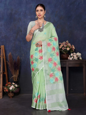 NEGRONI Printed Daily Wear Cotton Linen Saree(Green)