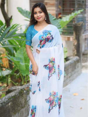 Moda Rapido Animal Print Bollywood Georgette Saree(White, Blue)