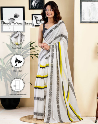 Tasrika Floral Print Daily Wear Pure Cotton Saree(White, Black, Yellow)
