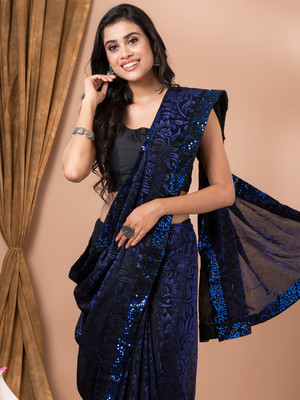OM SAI TRADING Woven Bollywood Lycra Blend Saree(Dark Blue)