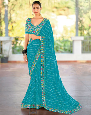 Satrani Embroidered Leheria Georgette Saree(Blue)